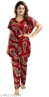 Maroon all-over cross print satin kaftan night suit, women's satin pyjama set with short sleeves